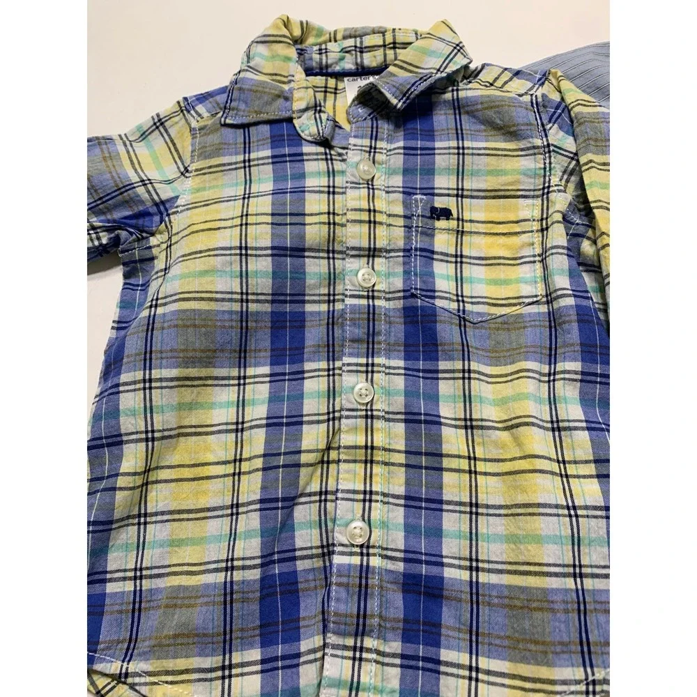 Carters Toddler Button Down Shirts Lot‎ of 2 Plaid Striped 12M 18M Blue Yellow